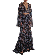 Chloe black floral silk ruffle skirt and blouse set